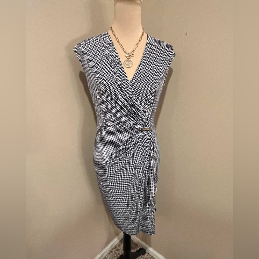 Michael Kors Navy and White Patterned Ruched Waist Midi Dress, size XS
